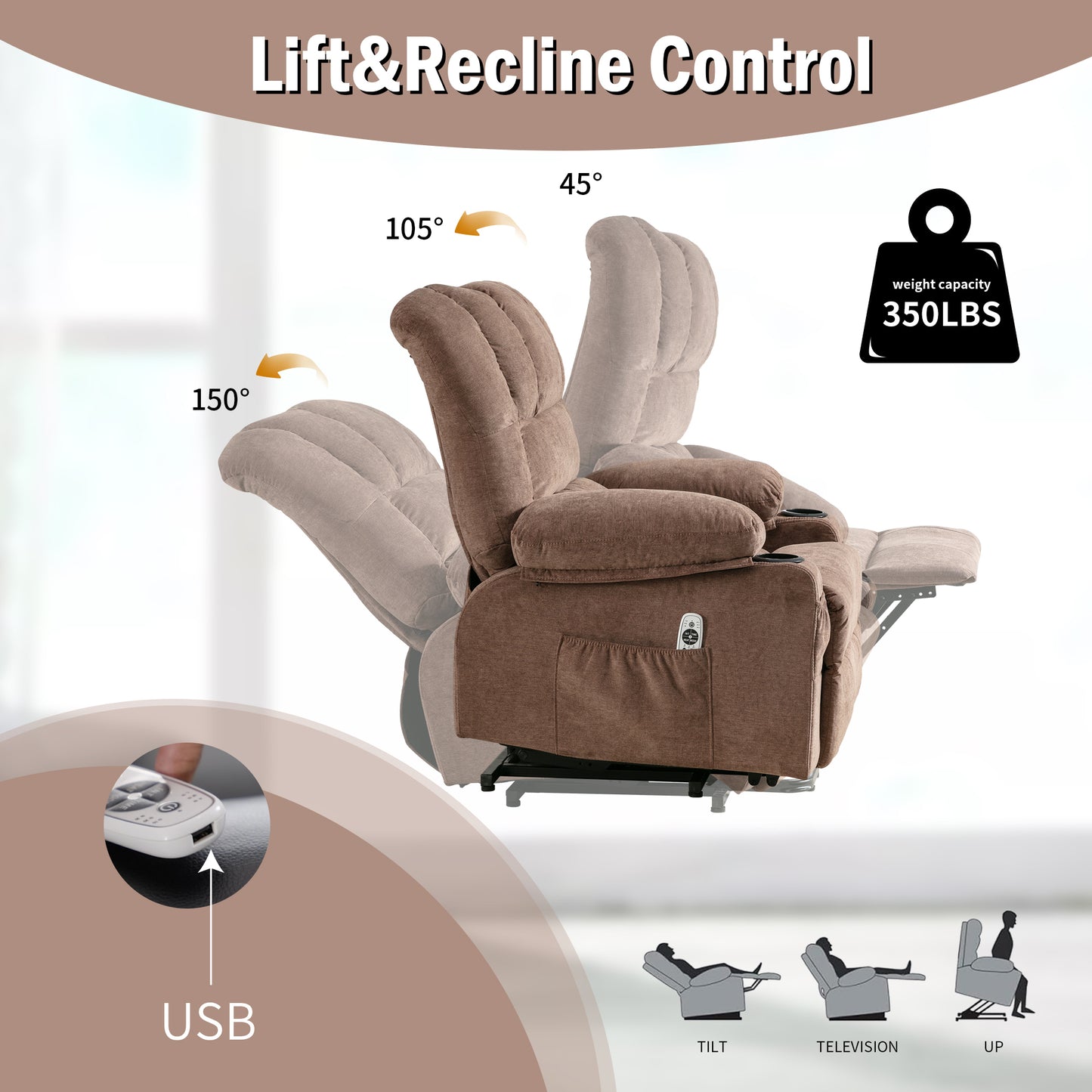 Power Lift Recliner Chair Recliners for Elderly with Heat and Massage Recliner Chair for Living Room with Infinite Position and Side Pocket,USB Charge Port.BROWN