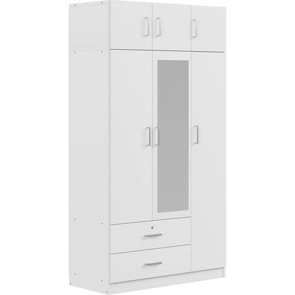 3-Door Mirror Wardrobe with 2 Drawers and Top Cabinet,White