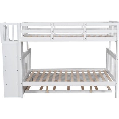 Twin-Over-Full Bunk Bed with Twin size Trundle, Storage and Guard Rail for Bedroom, Dorm, for Adults, White