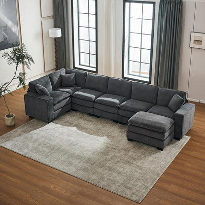 Modern U Shaped 6-seat Sectional Sofa Couch with one Ottoman and three toss pillows, Modular Sofa for Living Room,Corduroy sofa