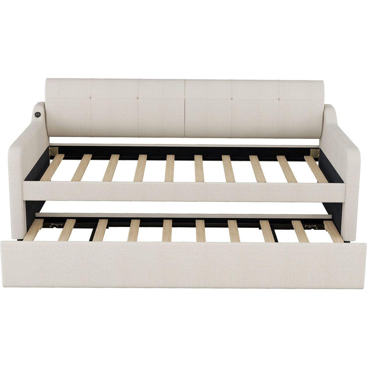 Twin Size Upholstery Daybed with Trundle and USB Charging Design,Trundle can be flat or erected,Beige