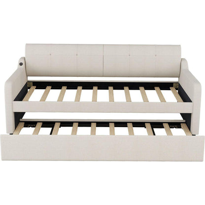 Twin Size Upholstery Daybed with Trundle and USB Charging Design,Trundle can be flat or erected,Beige