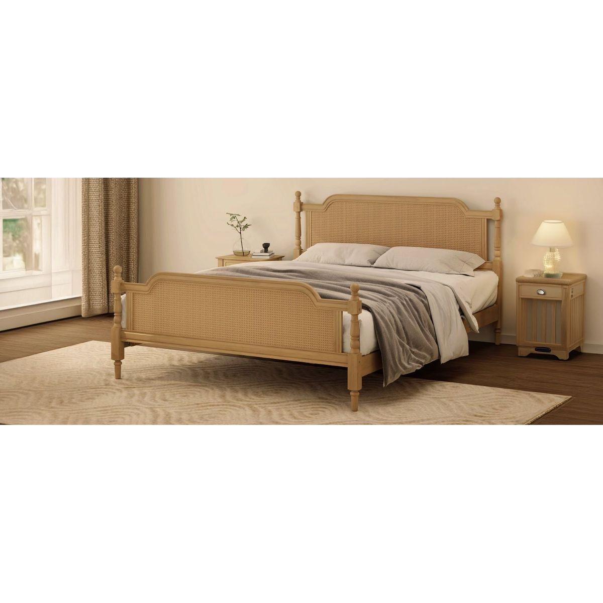 Traditional Style Rattan Queen Size Bed Frame,No Box Spring Needed,Antique Walnut