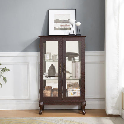 2 Doors Curio Cabinet with Tempered Glass Doors, Curio Cabinets with Mirrored Back Panel and Adjustable Shelves, Lighted Display Cabinet for Home, Office Light Bulb Included Cherry