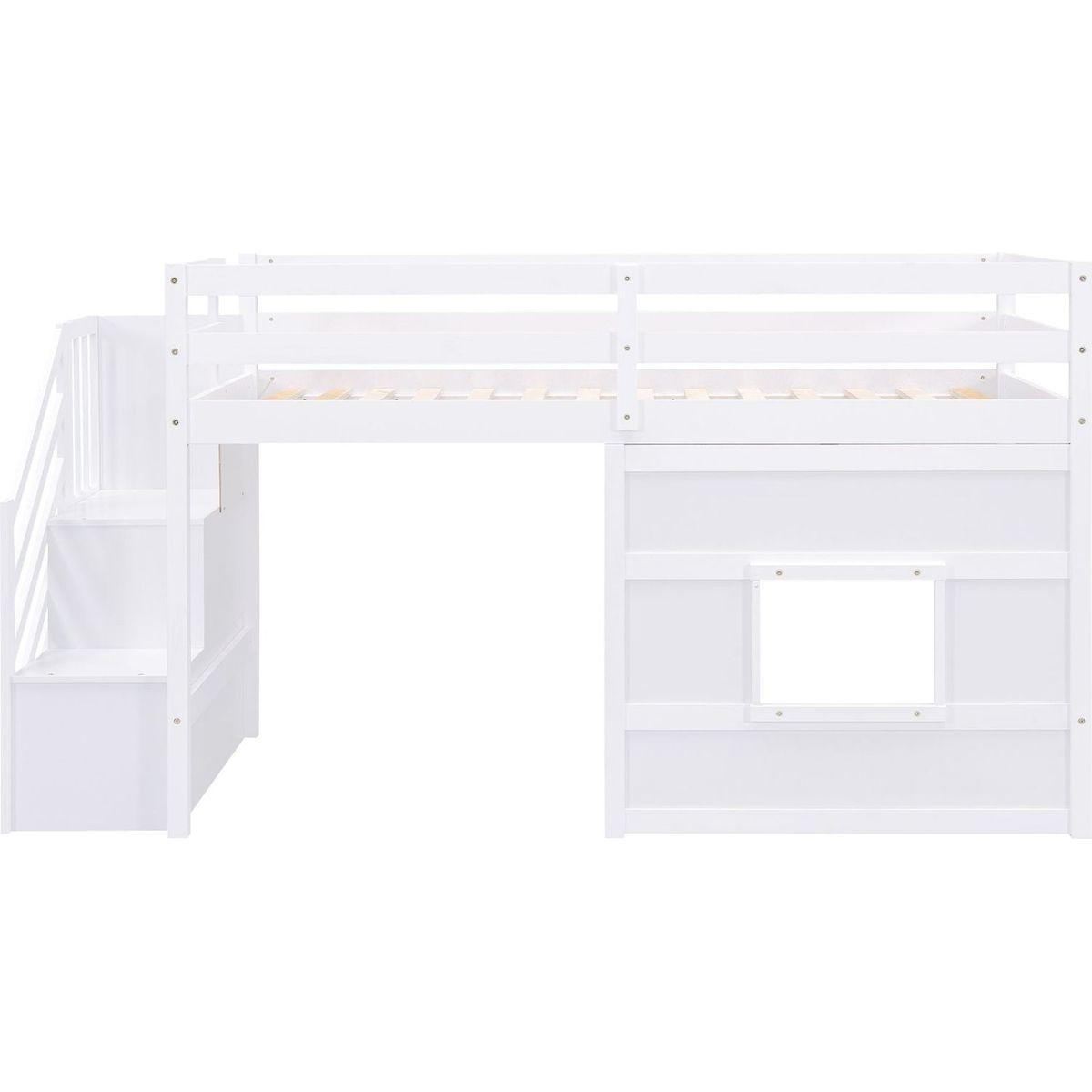 Twin Size Loft Bed with Storage Staircase and Window, White