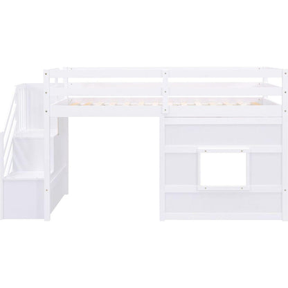 Twin Size Loft Bed with Storage Staircase and Window, White