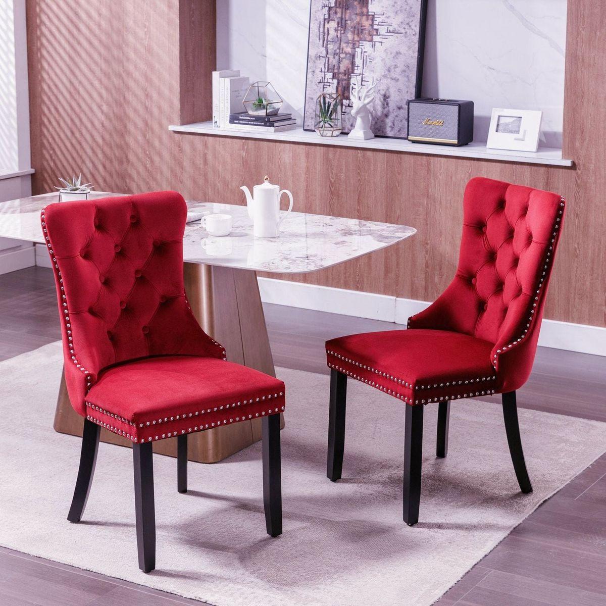 Classic Velvet Dining Chairs, High-end Tufted Solid Wood Contemporary Velvet Upholstered Dining Chair with Wood Legs Nailhead, SET OF 2,Burgundy, Wine Red