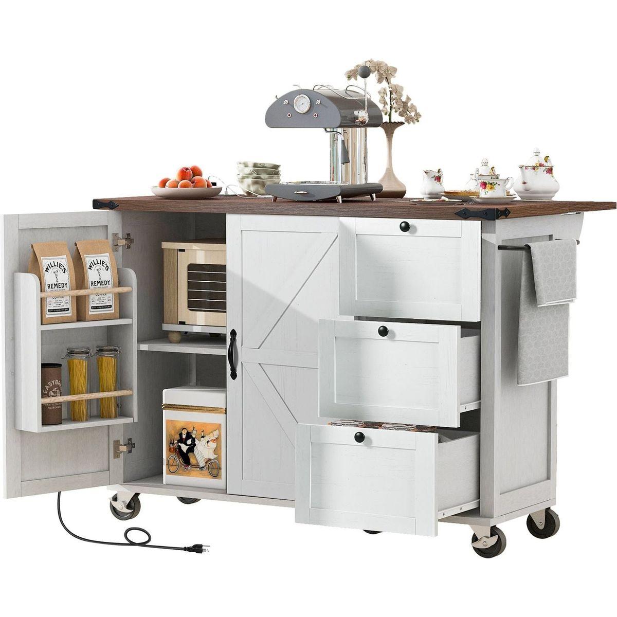 54.5" Farmhouse Kitchen Island with Power Outlet, Kitchen Storage Island with Internal Storage Rack, Drop Leaf, Spice Rack, Rolling Kitchen Cart on Wheels, for Home, Kitchen and Dining Room,White