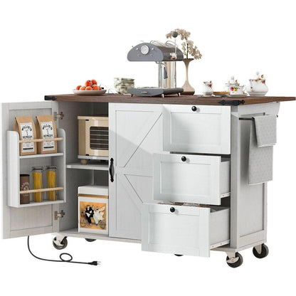 54.5" Farmhouse Kitchen Island with Power Outlet, Kitchen Storage Island with Internal Storage Rack, Drop Leaf, Spice Rack, Rolling Kitchen Cart on Wheels, for Home, Kitchen and Dining Room,White