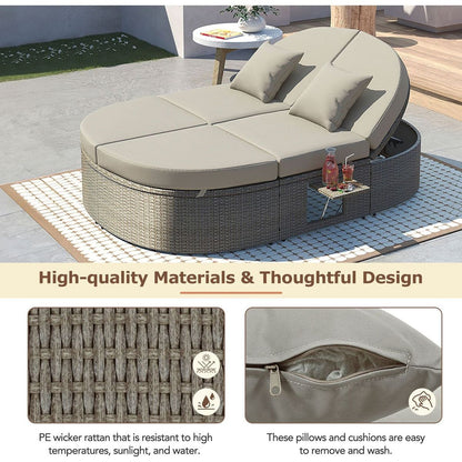 Outdoor Sun Bed Patio 2-Person Daybed with Cushions and Pillows, Rattan Garden Reclining Chaise Lounge with Adjustable Backrests and Foldable Cup Trays for Lawn,Poolside, Gray