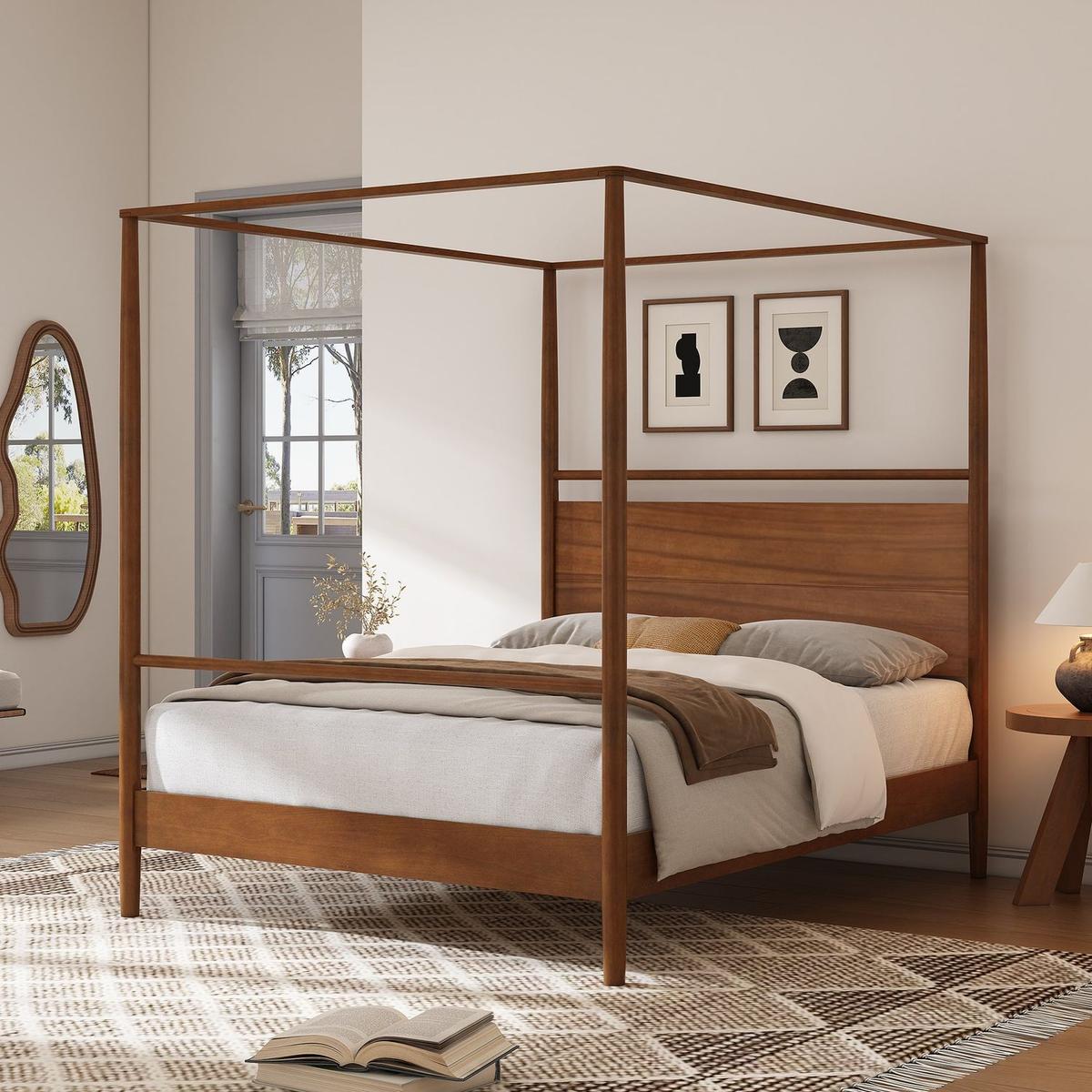 Solid Wood Canopy Bed Frame Four Posters Bed No Box Spring Needed,Queen Size,Walnut