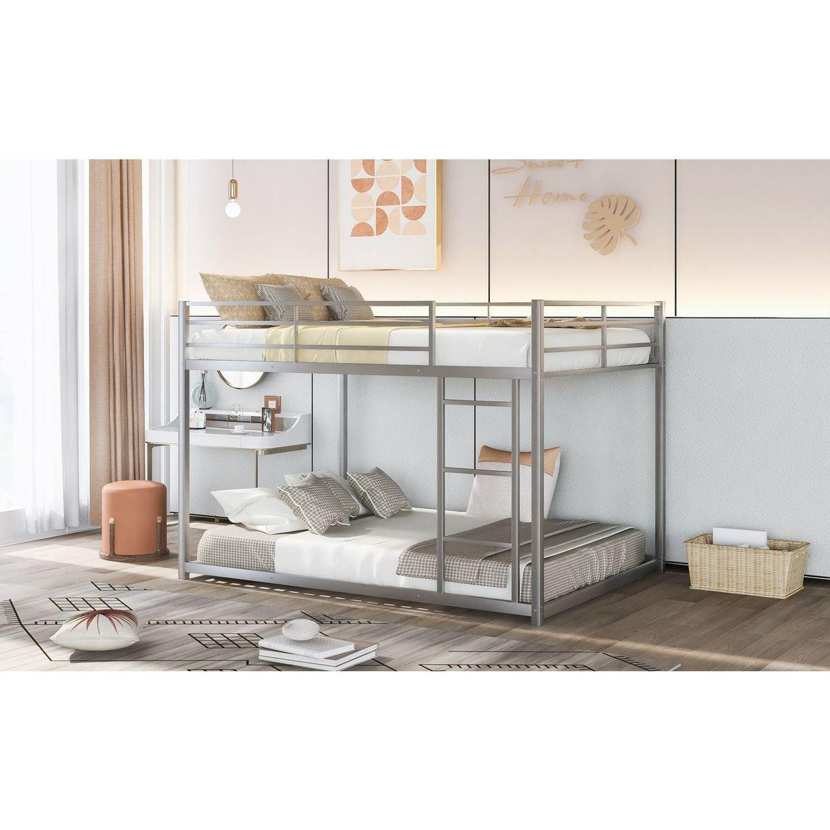 Full over Full Metal Bunk Bed, Low Bunk Bed with Ladder, Silver