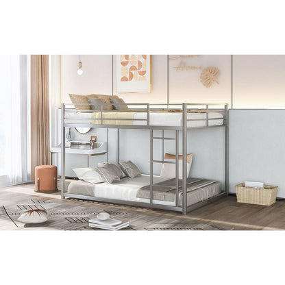 Full over Full Metal Bunk Bed, Low Bunk Bed with Ladder, Silver