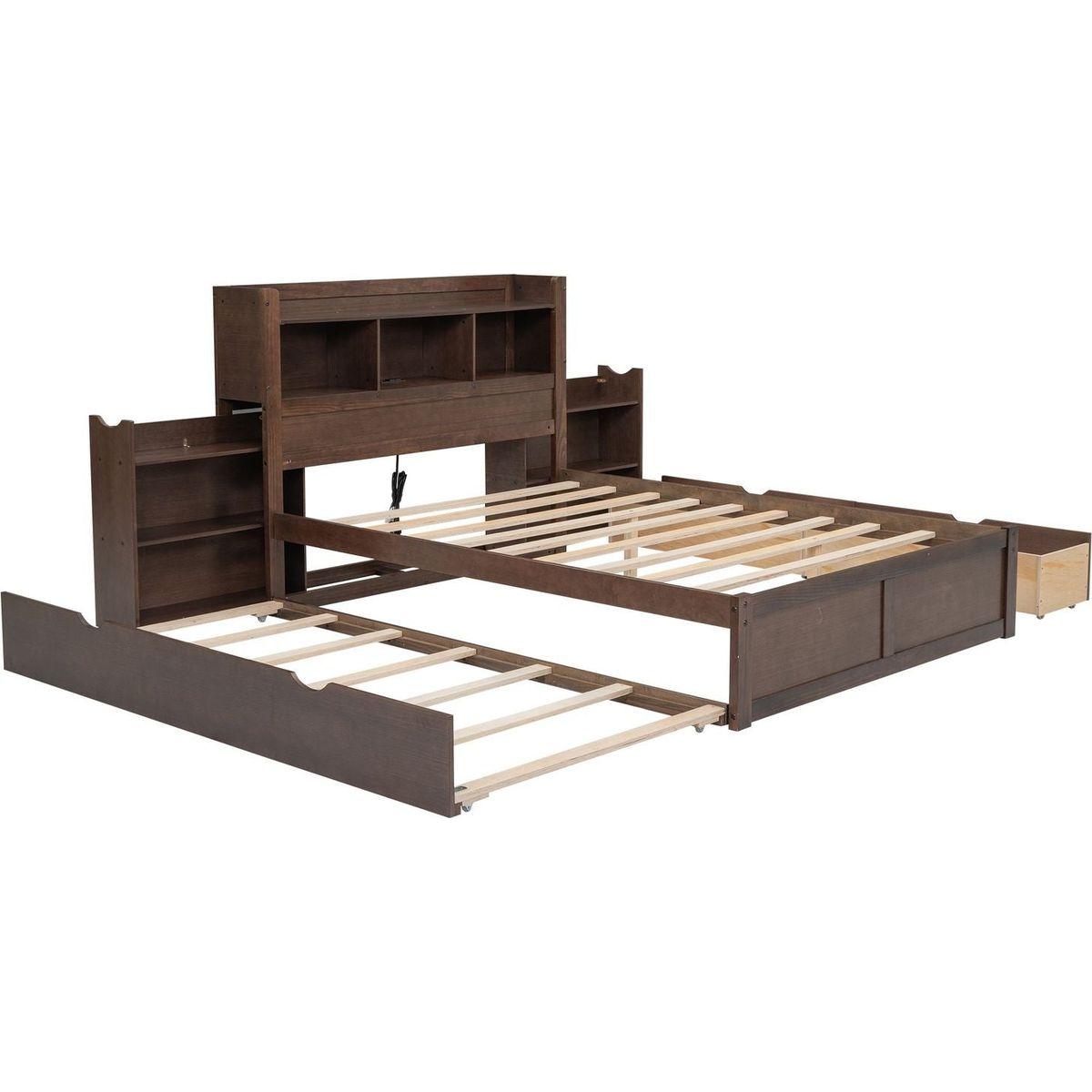 Full Size Storage Platform Bed with Pull Out Shelves, Twin Size Trundle and 2 Drawers, Espresso