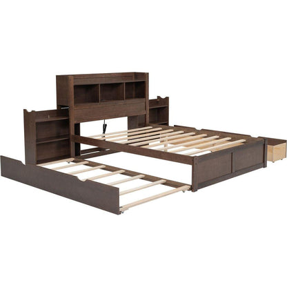 Full Size Storage Platform Bed with Pull Out Shelves, Twin Size Trundle and 2 Drawers, Espresso