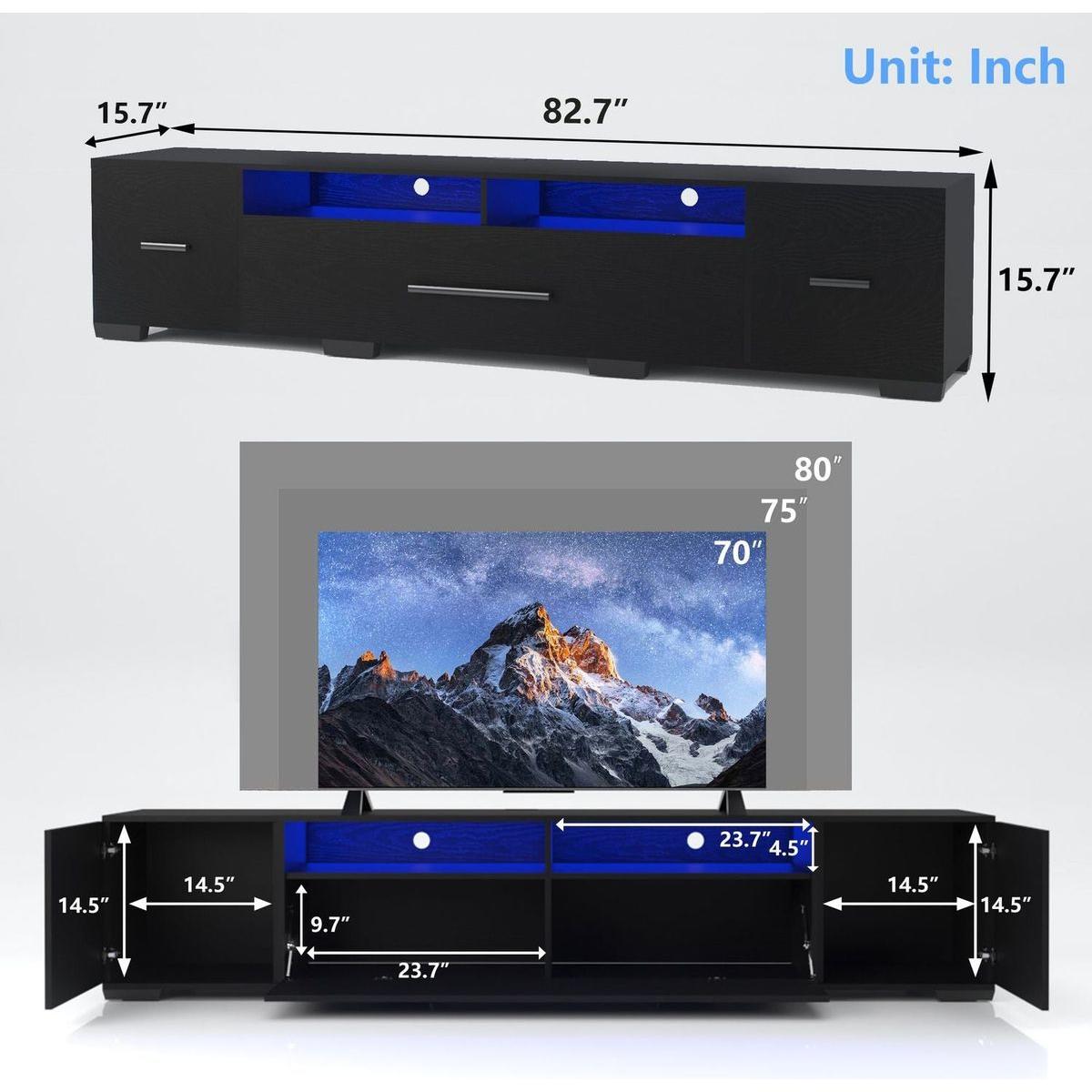 TV Console with Storage Cabinets, Remote, APP Control Long LED TV Stand, Full RGB Color Selection, 31 Modes Changing Lights Modern Entertainment Center with Power Cord (Black, for 80 inches)