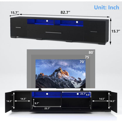 TV Console with Storage Cabinets, Remote, APP Control Long LED TV Stand, Full RGB Color Selection, 31 Modes Changing Lights Modern Entertainment Center with Power Cord (Black, for 80 inches)