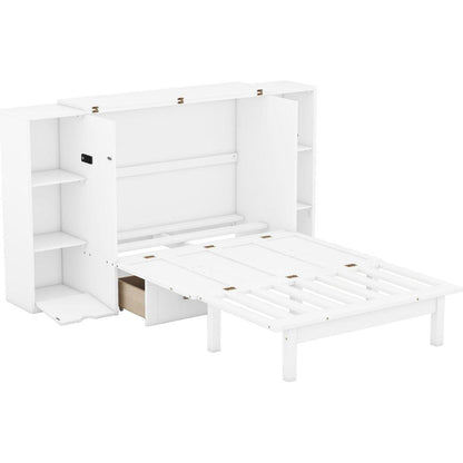 Queen Size Murphy Bed with Shelves, Drawers and USB Ports,White