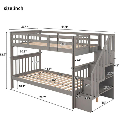 Stairway Twin-Over-Twin Bunk Bed with Storage and Guard Rail for Bedroom, Dorm, Gray color