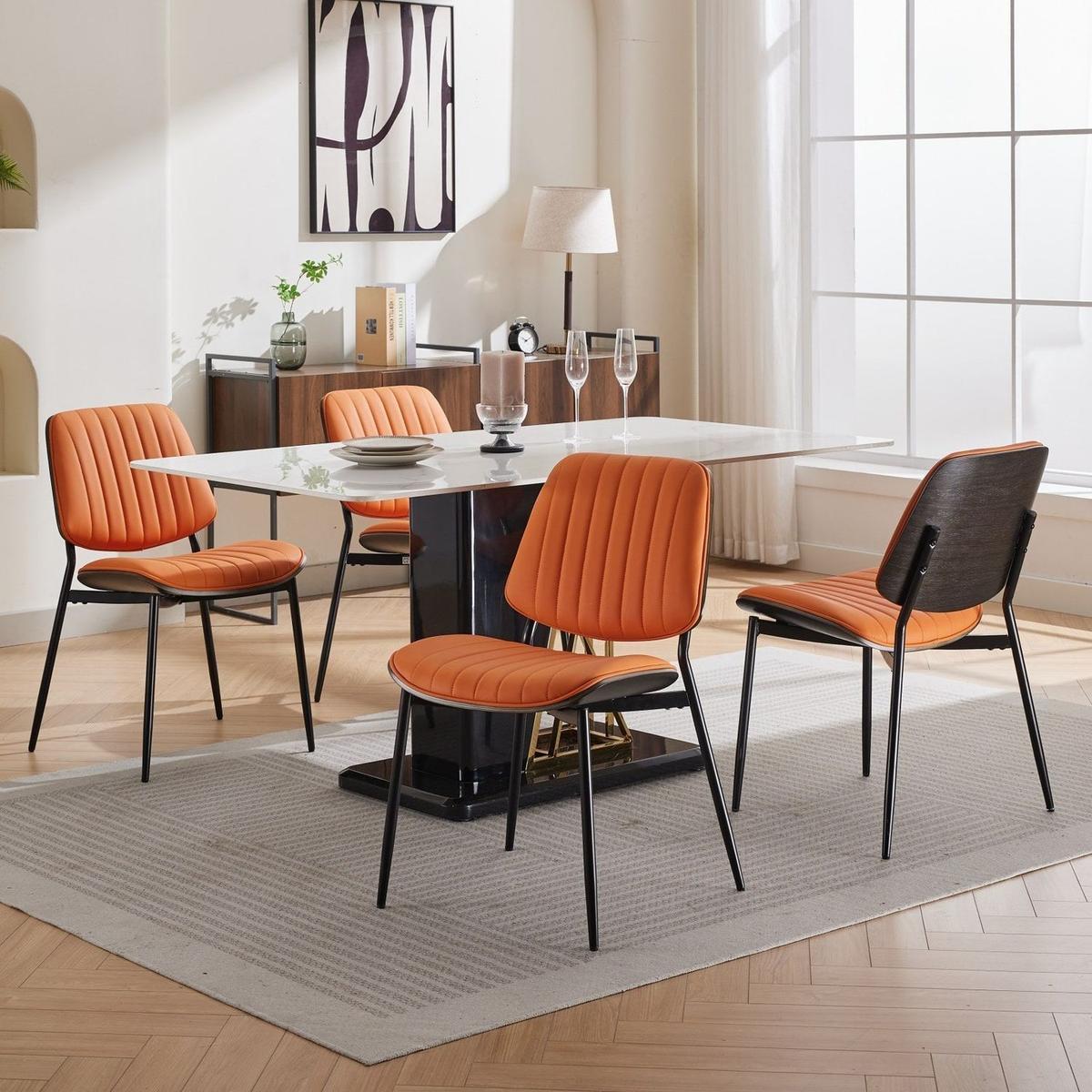 Dining Chairs Set of 2 Mid Century Modern Retro Faux Leather Chair with Walnut Bentwood Back Upholstered Seat Metal Legs Adjustable Foot for Kitchen Dining Room Chairs(Orange PU)