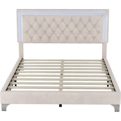 3-Pieces Bedroom Sets,Queen Size Upholstered Platform Bed with LED Lights and Two Nightstands-Beige