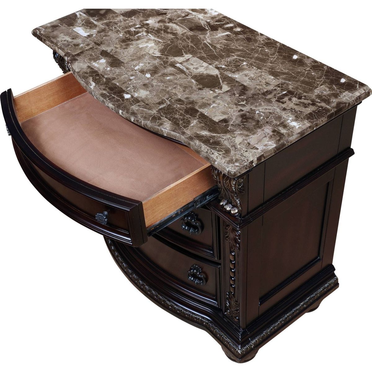 1Pc Traditional Style End Table 3-Drawer Nightstand with Marble Top Rich Brown Cherry Finish Solid Wood Wooden Bedroom