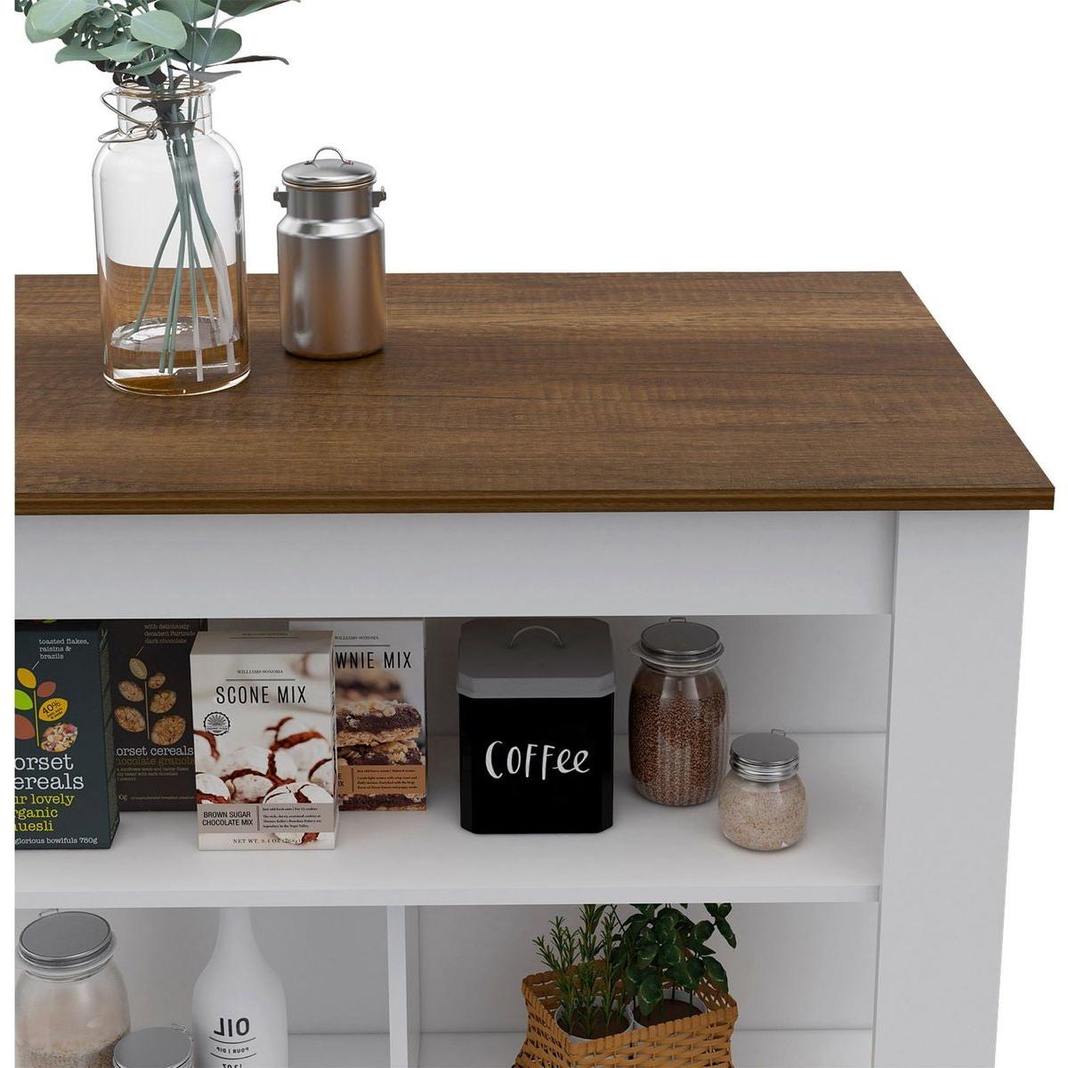 Kitchen Island, kitchen table 35" H, Four Legs, Three Open Storage Shelves, White / Walnut