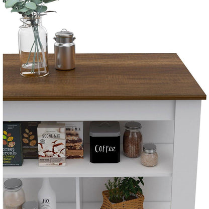 Kitchen Island, kitchen table 35" H, Four Legs, Three Open Storage Shelves, White / Walnut