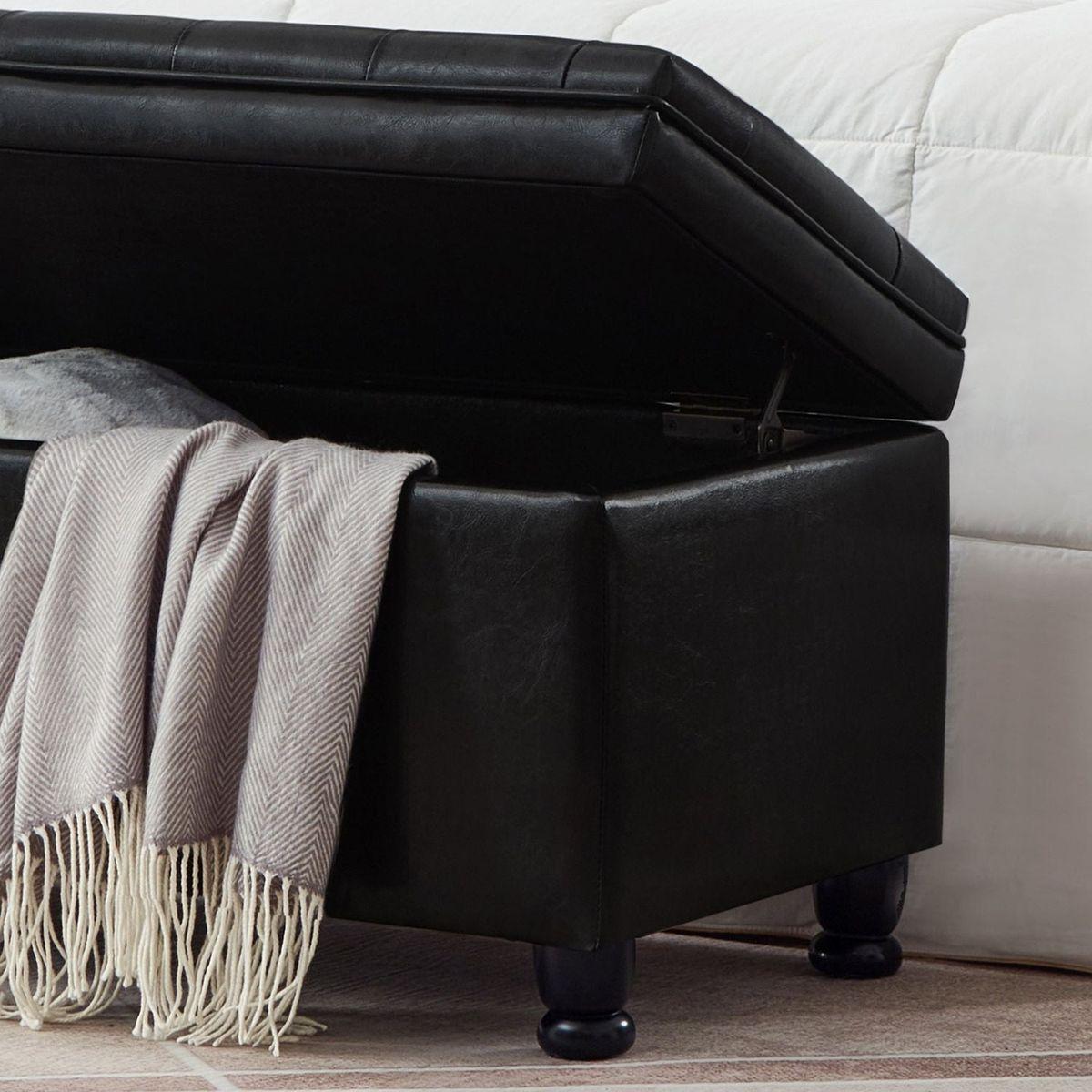 Upholstered tufted button storage bench, Faux leather entry bench with spindle wooden legs, Bed bench- Black