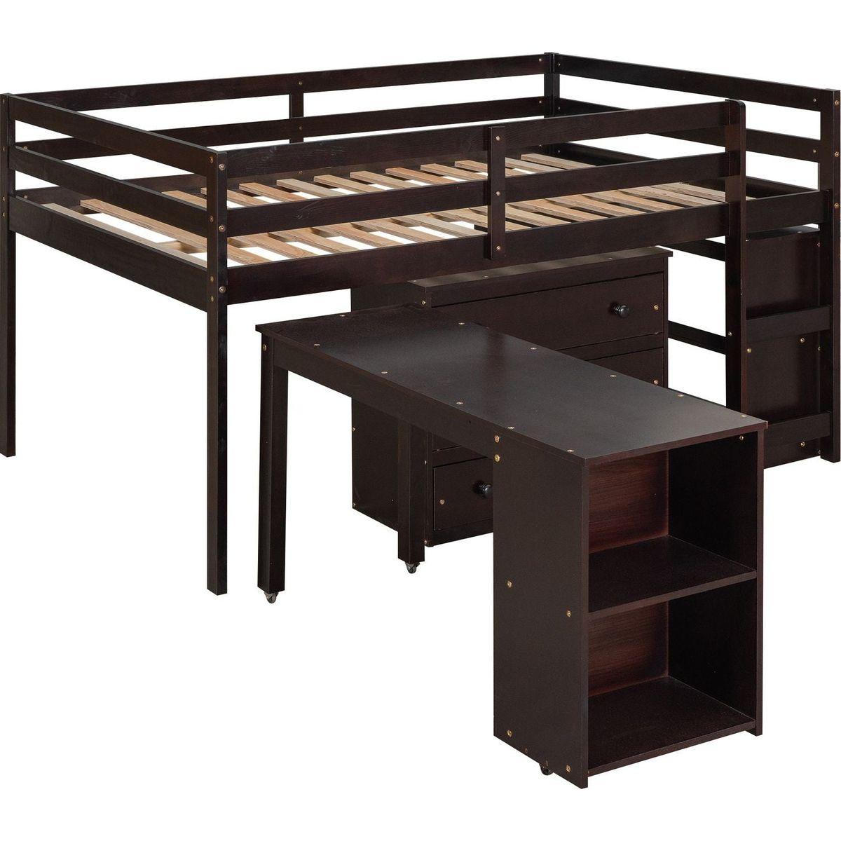 Low Study Full Loft Bed with Cabinet, Shelves and Rolling Portable Desk, Multiple Functions Bed- Espresso