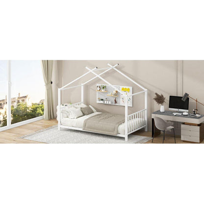 Twin Size Metal House Platform Bed, White