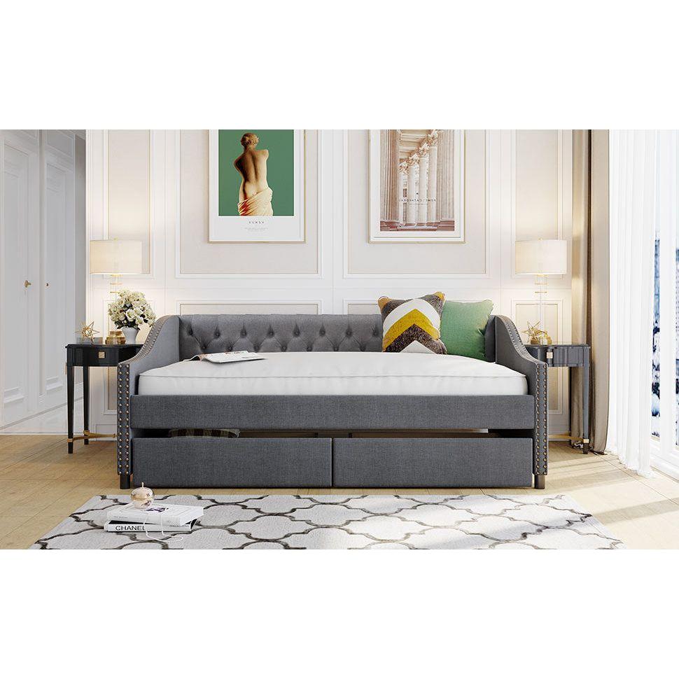 Upholstered daybed with Two Drawers, Wood Slat Support, Gray, Full Size
