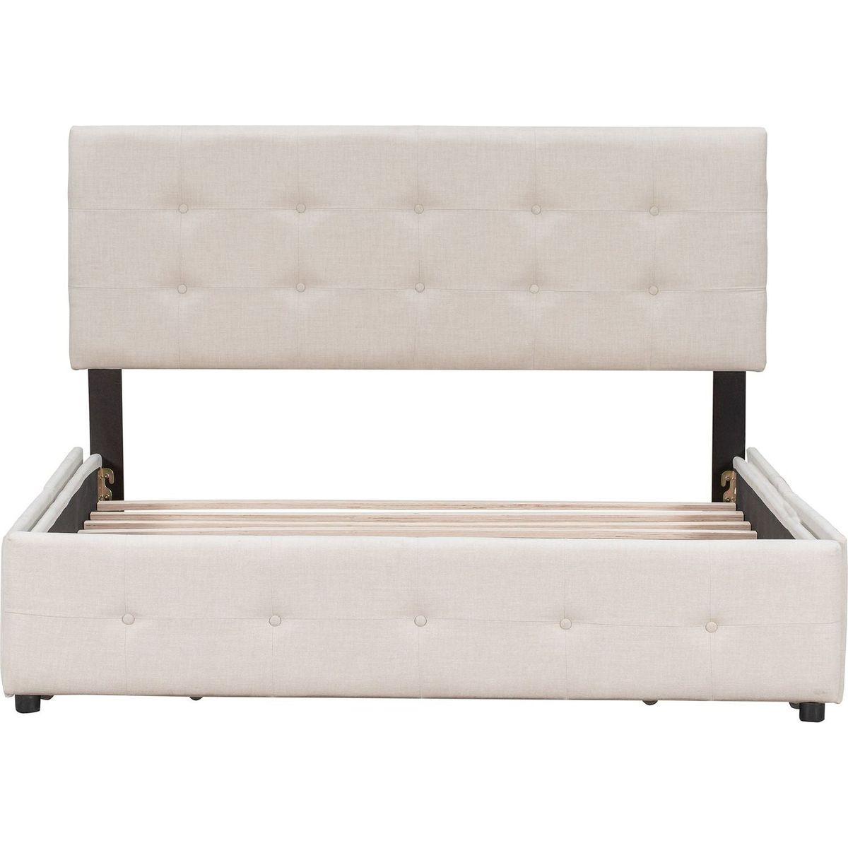 Upholstered Platform Bed with Classic Headboard and 4 Drawers, No Box Spring Needed, Linen Fabric, Queen Size Beige