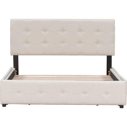 Upholstered Platform Bed with Classic Headboard and 4 Drawers, No Box Spring Needed, Linen Fabric, Queen Size Beige