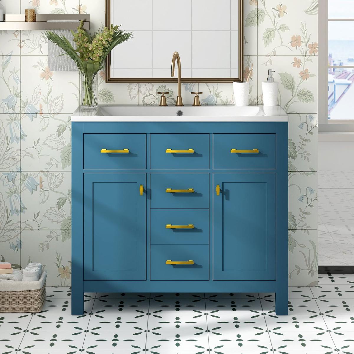 36" Bathroon Vanity with Resin Sink Combo Set,Modern Freestanding Single Bathroom Cabinet with 4 Drawers & 2 Cabinets,Storage Cabinet for Bathroom, Solid Wood Frame Vanity Set, Blue