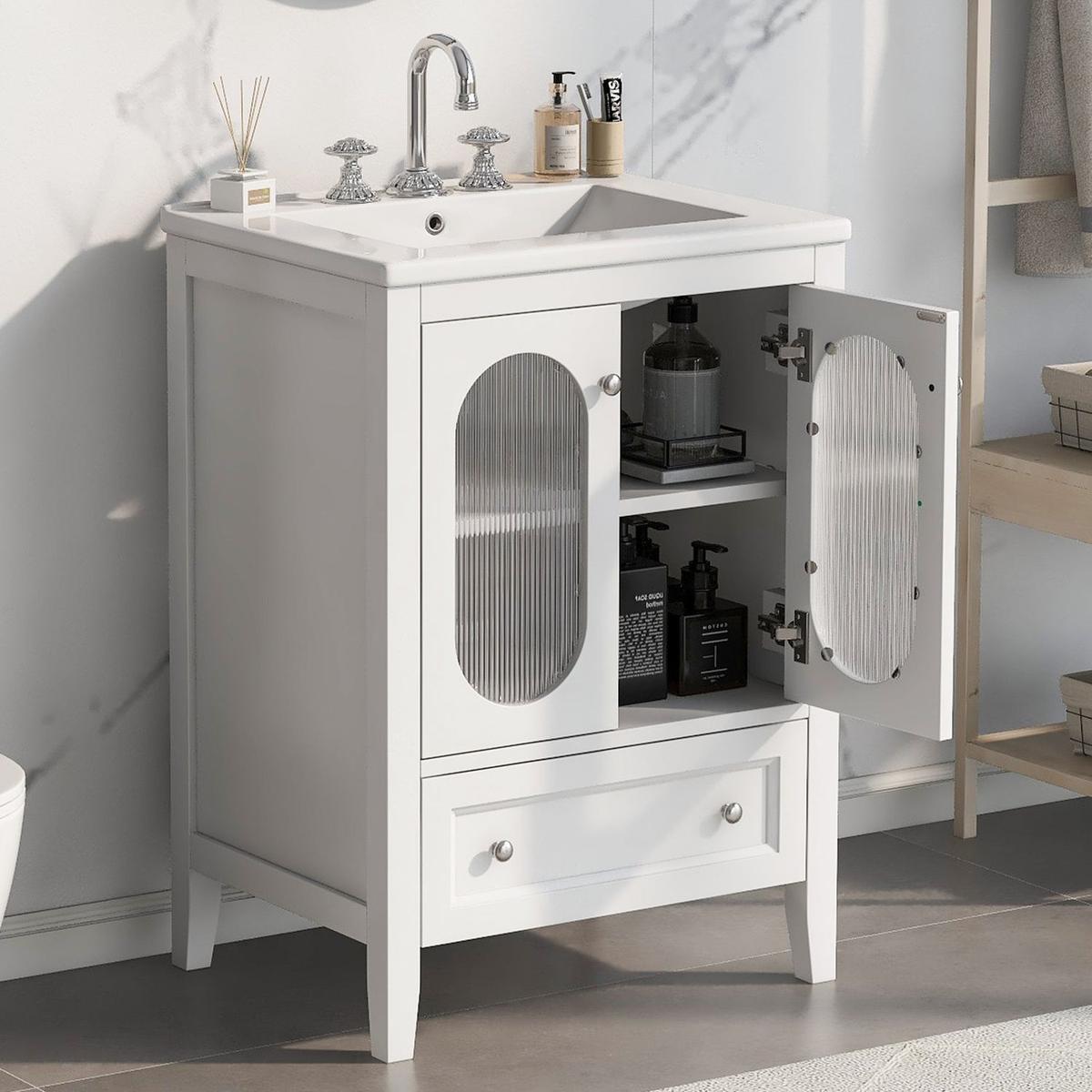 24" Bathroom Vanity with Sink, Bathroom Vanity Cabinet with One Drawer and Doors, Adjustable Shelf, Solid Wood and MDF, White