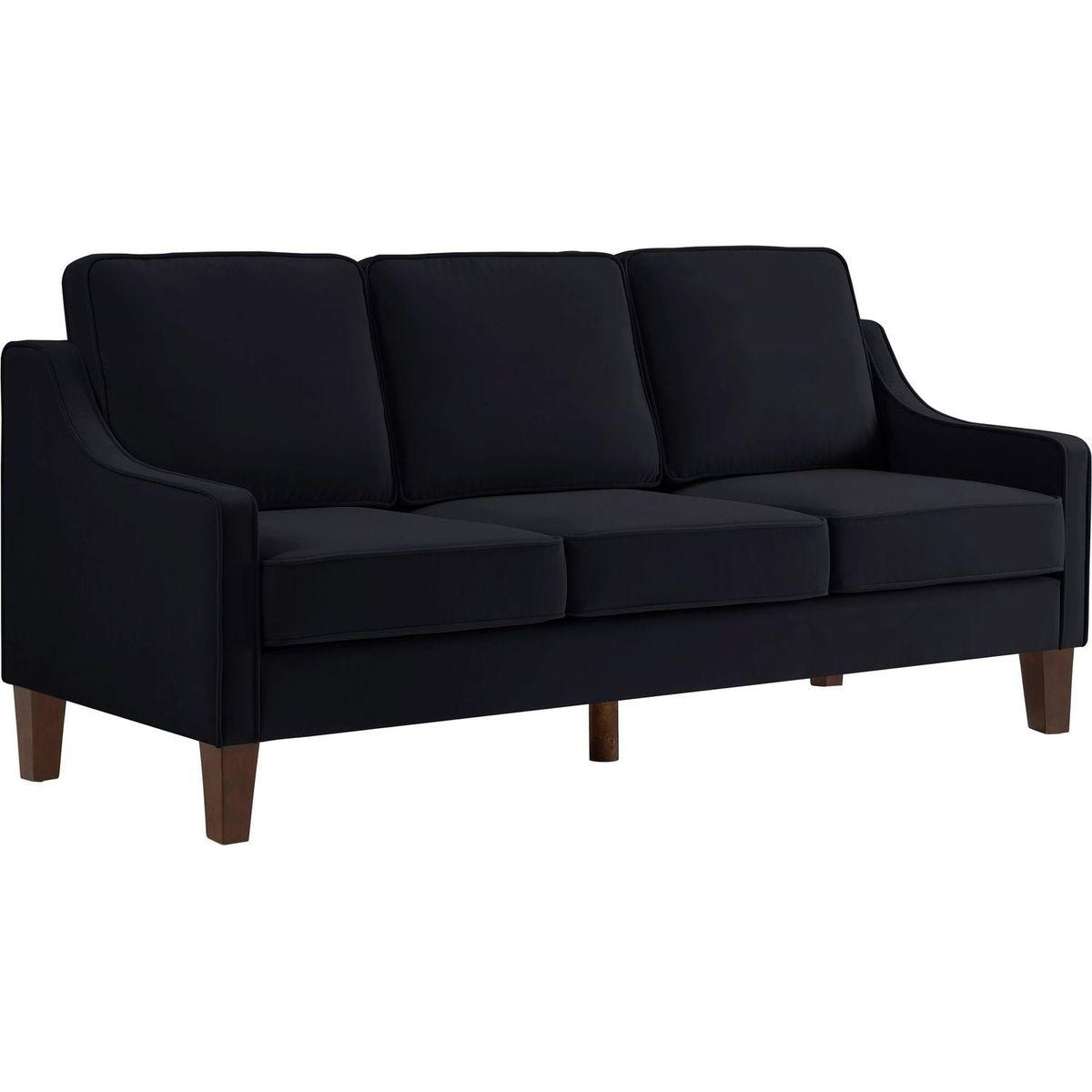 Modern 3 Piece seat Sofa Couch with Scooped Armrest/Wood legs,Upholstered Velvet 3-seat Sofa with Removable Cushions for Livingroom Bedroom,Black