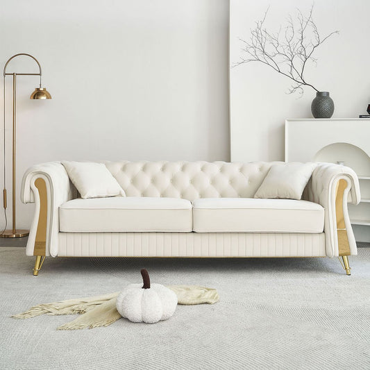 89''W Chesterfield Modern Tufted Velvet Living Room Sofa with Two Seat Cushions and Two Toss Pillows,Beige