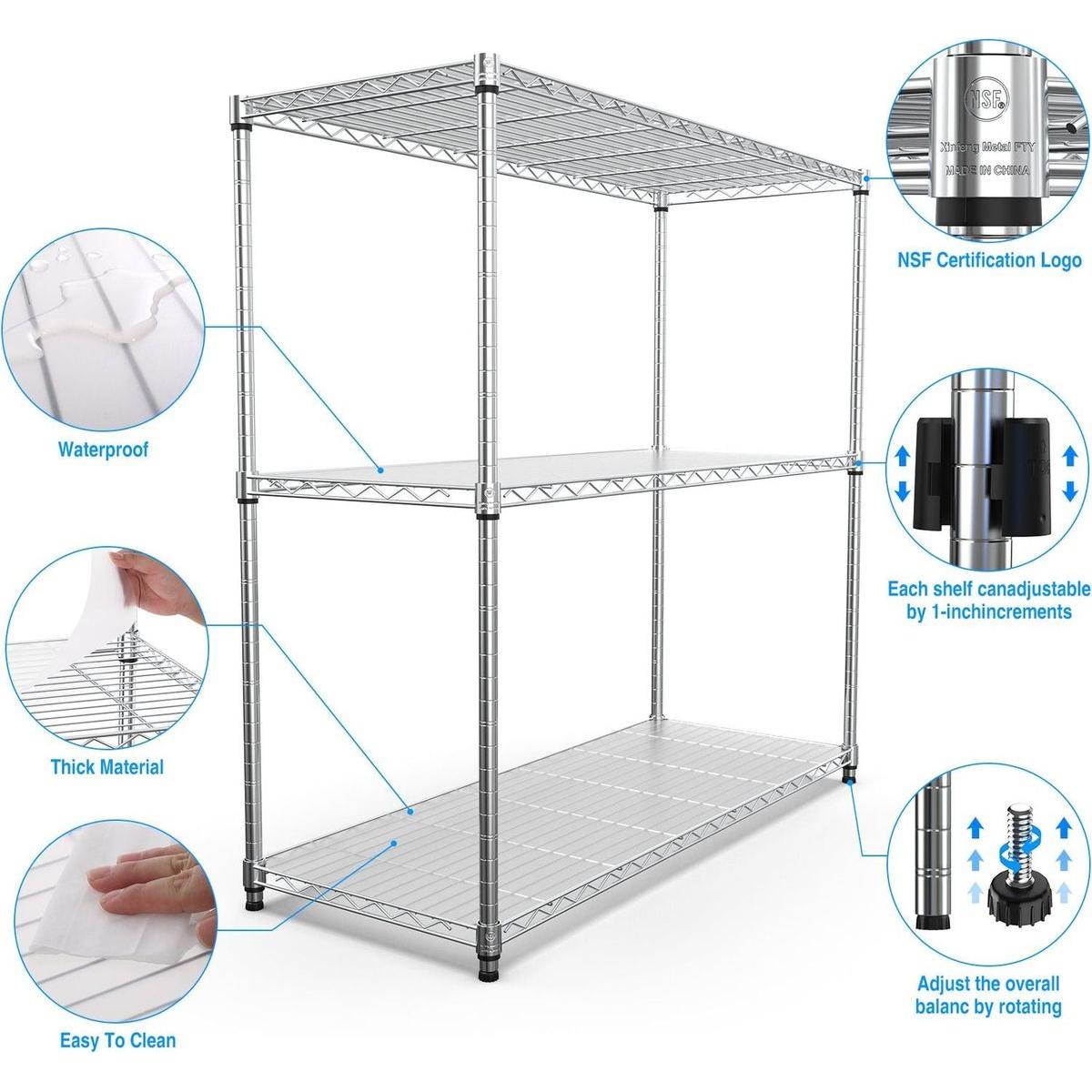 3 Tier Wire Shelving Unit, 1050 LBS NSF Height Adjustable Metal Garage Storage Shelves, Heavy Duty Storage Wire Rack Metal Shelves - Chrome