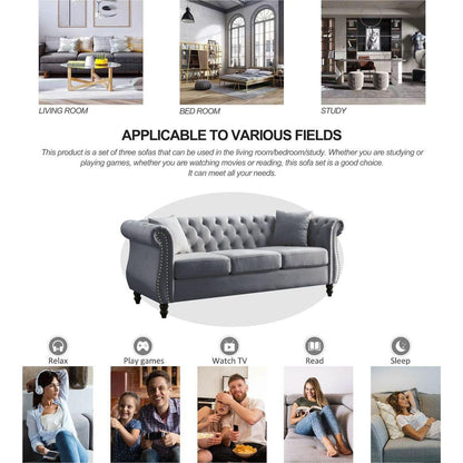 80" Chesterfield Sofa Grey Velvet for Living Room, 3 Seater Sofa Tufted Couch with Rolled Arms and Nailhead for Living Room, Bedroom, Office, Apartment, two pillows