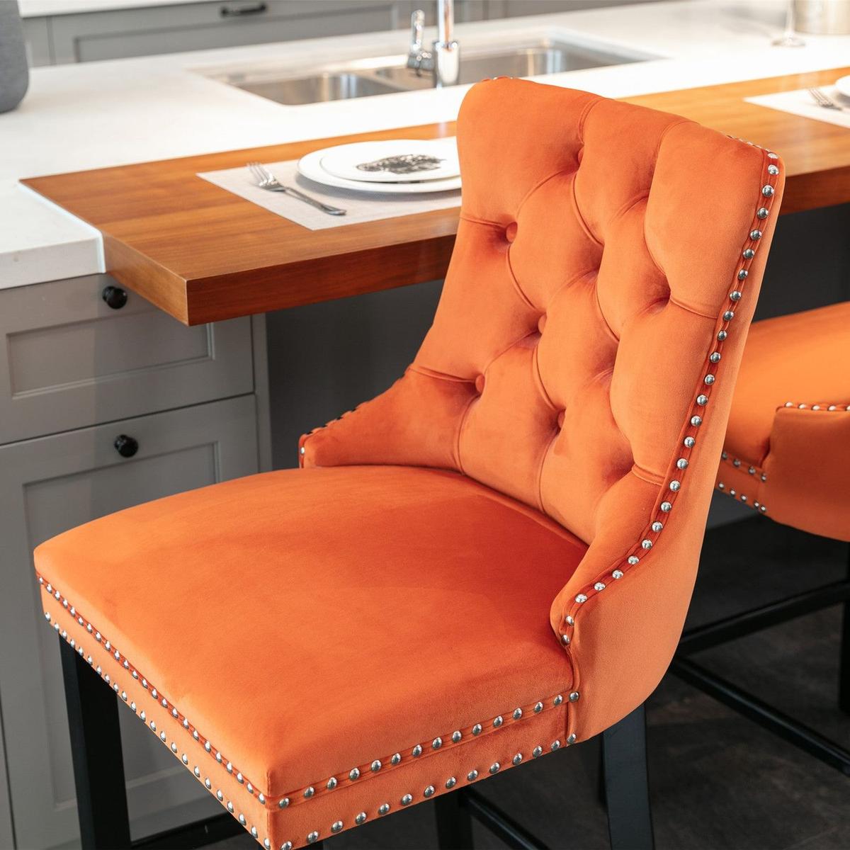 Contemporary Velvet Upholstered Barstools with Button Tufted Decoration and Wooden Legs, and Chrome Nailhead Trim, Leisure Style Bar Chairs,Bar stools, Set of 2 (Orange)