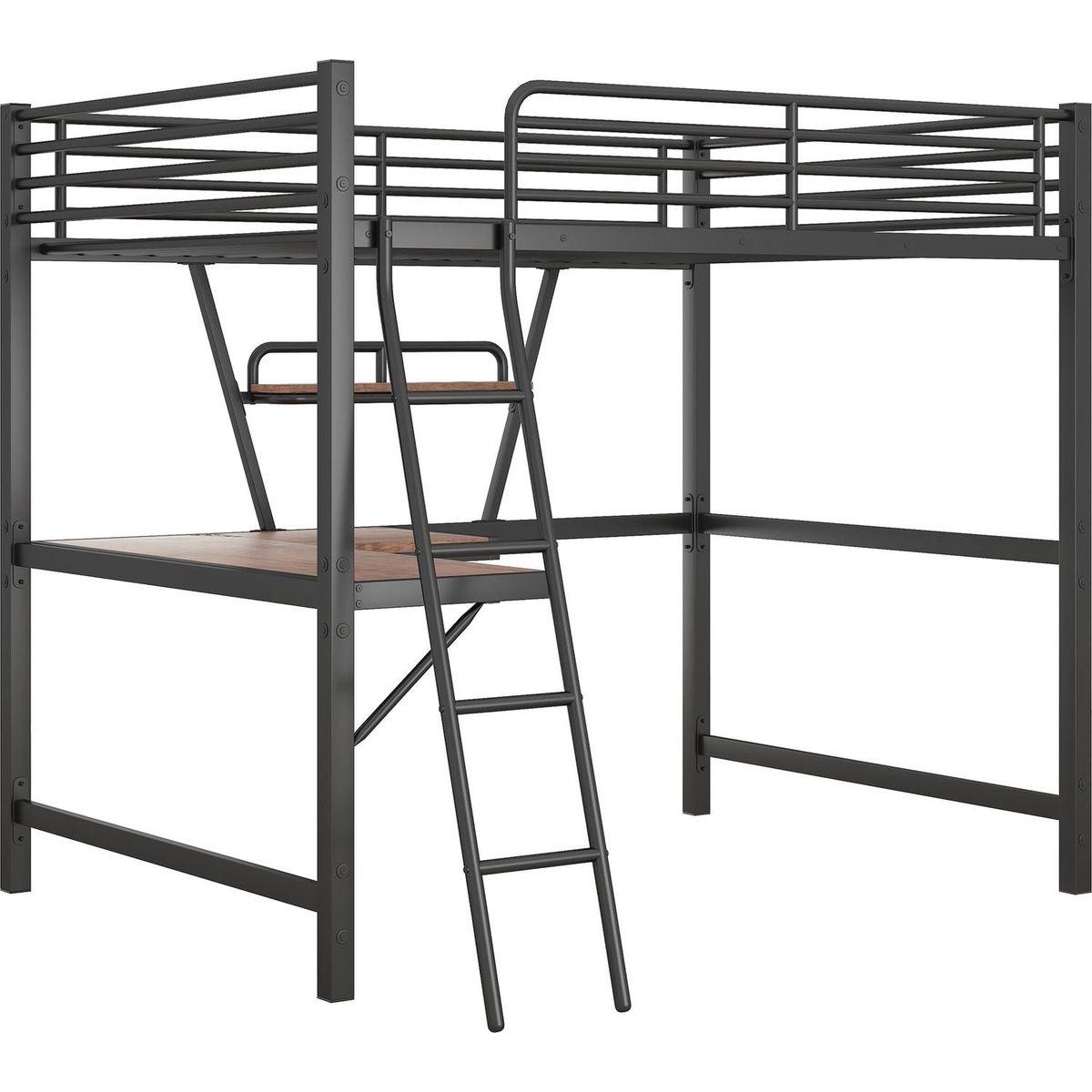 Full Size Loft Metal&MDF Bed with Desk and Shelf, Black
