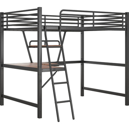 Full Size Loft Metal&MDF Bed with Desk and Shelf, Black