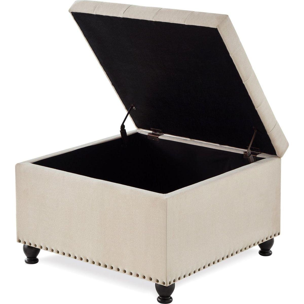 Large square storage ottoman with wooden legs, Upholstered button tufted coffee table with nail trims for Living Space,Beige