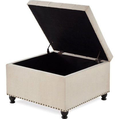 Large square storage ottoman with wooden legs, Upholstered button tufted coffee table with nail trims for Living Space,Beige
