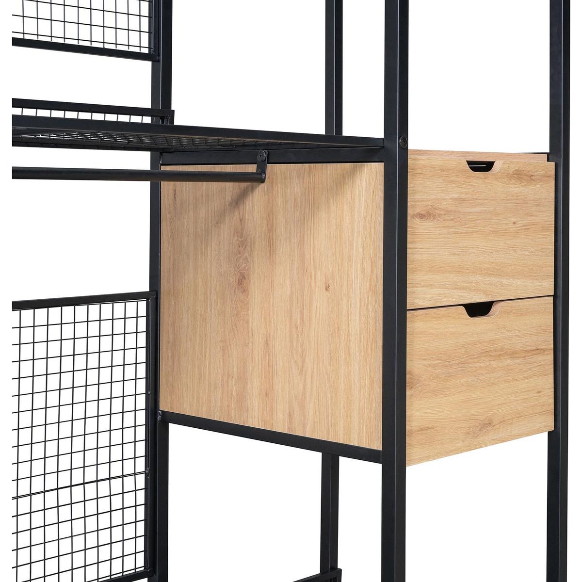 Open-Style Wardrobe with Hanging Rails, Shelves and Drawers, Black