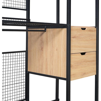 Open-Style Wardrobe with Hanging Rails, Shelves and Drawers, Black