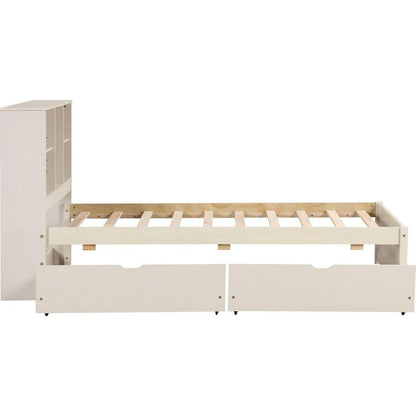 Modern Twin Size Bed Frame With Built-in USB Port on Bookcase Headboard and 2 Drawers for White Washed Color