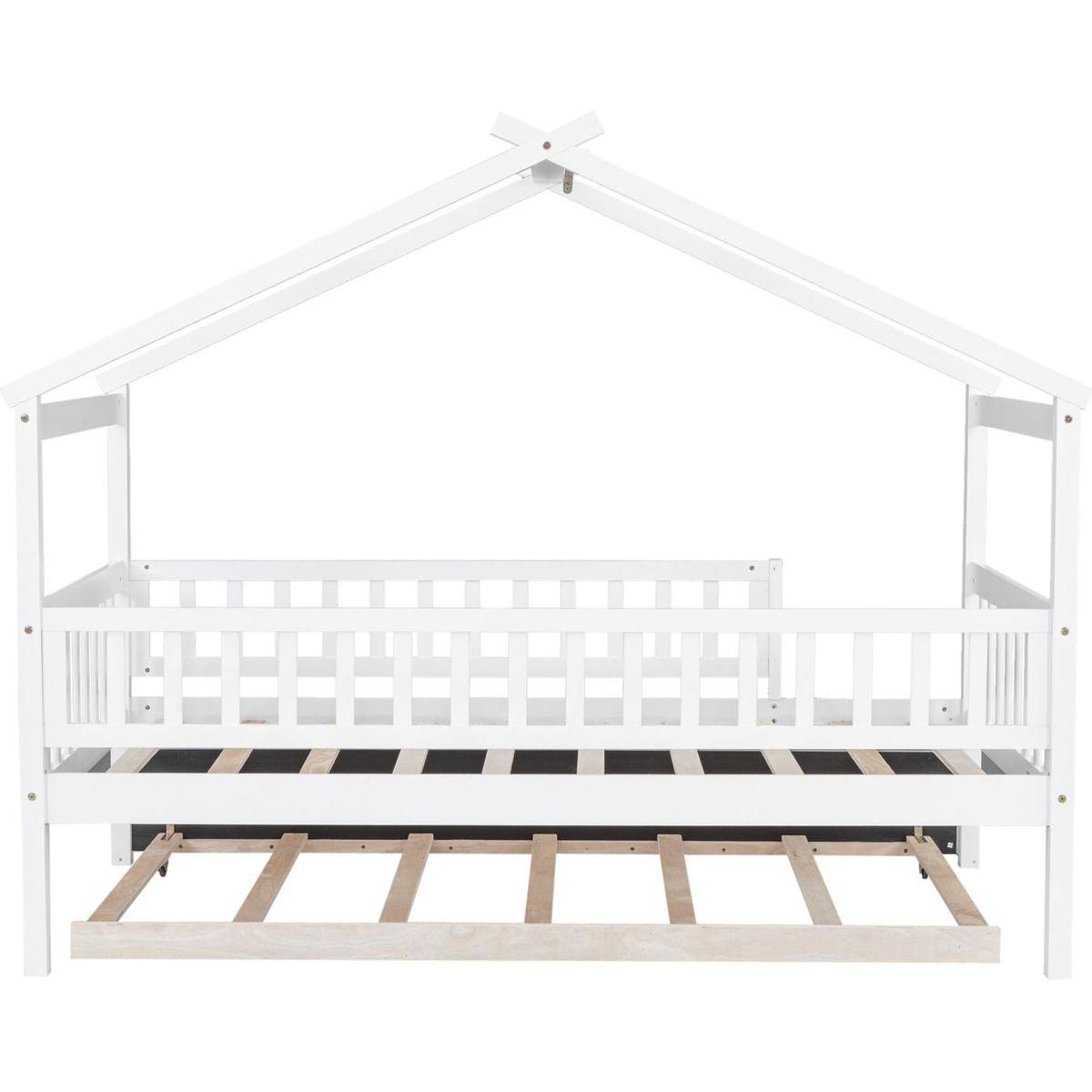 Twin Size Wooden House Bed with Twin Size Trundle, White
