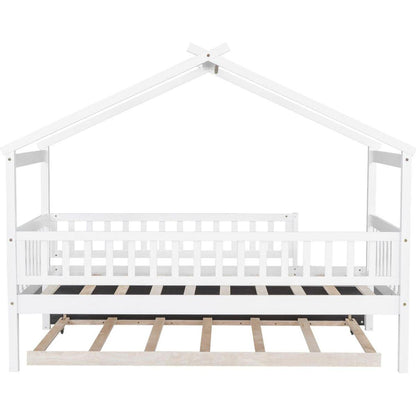 Twin Size Wooden House Bed with Twin Size Trundle, White